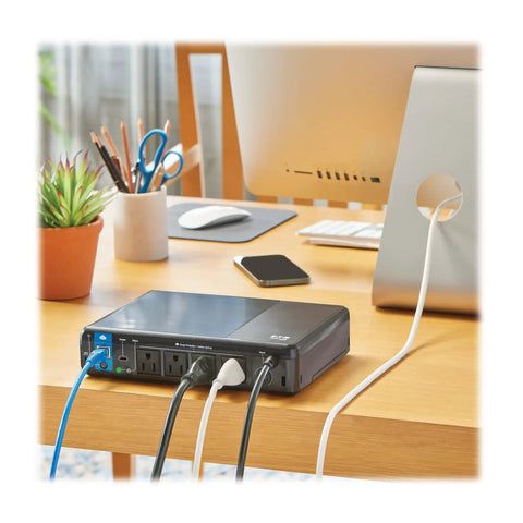 Cloud Connected 600VA UPS Battery Backup And Surge Protector With Remote Management And Monitoring on desk setup