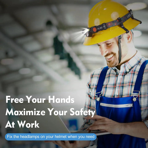 Worker with hard hat using 16Pcs Hard Hat Light Clips for Headlamps, Anti Slip and Stable Buckle Design Headlamp Holders on construction site.