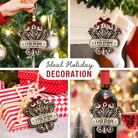 Wooden Gearhead Mechanic Ornament For Christmas Tree Decor Perfect Gift For Dads Husbands Techs And Auto Enthusiasts next to gifts and wine