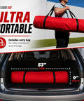 Portable Baseball Backstop Net With Batting Tee And Ball Caddy Collapsible Softball Batting Cage in red carry bag, 53" long by 9" diameter.