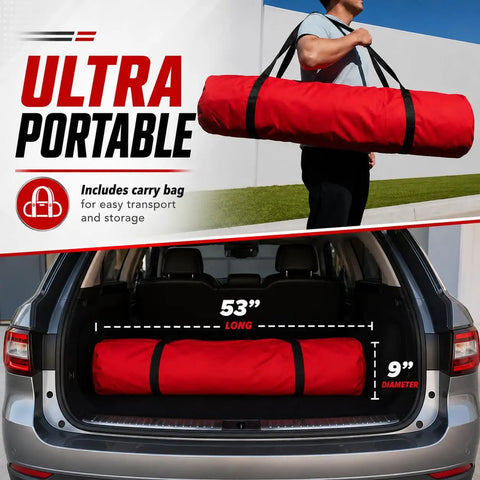 Portable Baseball Backstop Net With Batting Tee And Ball Caddy Collapsible Softball Batting Cage in red carry bag, 53" long by 9" diameter.