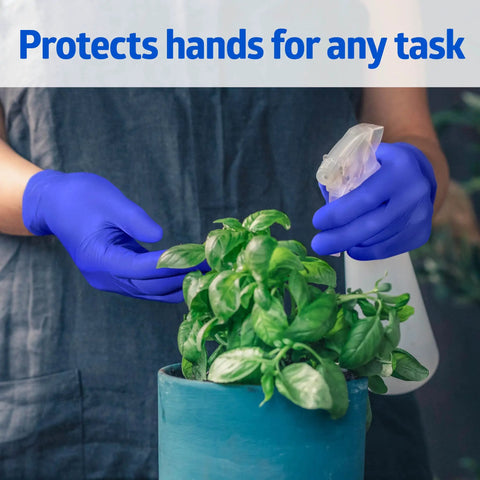 Medium Nitrile Exam Gloves, 300 Pack, Powder Free And Latex Free, Straight Up Soft For Hella Dexterity During Food Prep, Caregiving And Home Cleanups, worn while watering a plant.