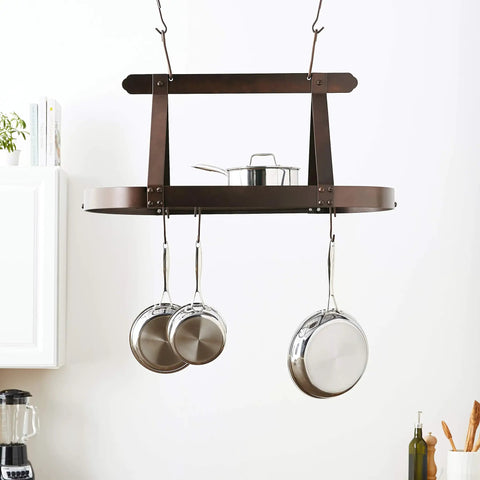 Oval Hanging Pot Rack With Grid And 16 Adjustable Hooks, Eight Angled And Eight Straight, Heavy-Gauge Steel Construction, Holds Up To 120 Lbs, Tarnish-Resistant Bronze Powder Coating