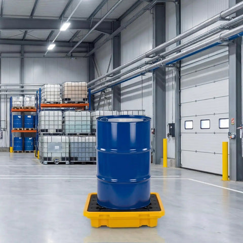 Low Profile Spill Containment Pallet For One Drum Built Tough Modular Platform With Drain 11.4 Gallon Sump in warehouse