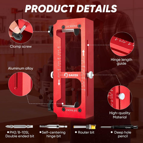 Heavy Duty Aluminum Alloy Door Hinge Jig And Deep Hole Pencil Set, Adjustable Router Jig in close-up view, highlighting features