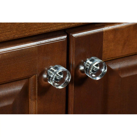 G100 Brand Elegance Glass Collection Clear Glass Knob With Polished Nickel Base on dark wood cabinet doors