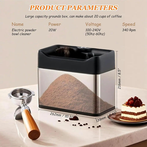 Electric Espresso Knock Box With Automatic Portafilter Cleaner And Coffee Grounds Disposal Station on a countertop with coffee grounds.