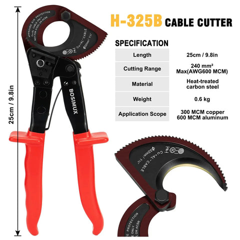 Ratcheting Cable Wire Cutter Heavy Duty Tool For Copper And Aluminum Wiring With Tough As Nails Grip Handles Thick Cables Without Breaking A Sweat Plus Professional Precision Blade For Clean Electrical Projects Daily, showing blade and grip.