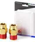 Two brass push-to-connect air brake fittings next to packaging, showing 1/4 inch tube OD to 3/8 inch NPT thread for cars and trucks.