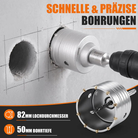 82mm hole saw in use with 32 Piece Concrete Hole Saw Kit With 3 Drill Bits And SDS Plus And Max Shank, drilling clean hole in concrete