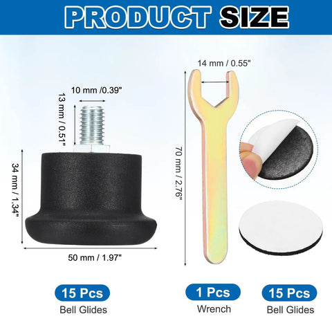 15 Pack Nylon Office Chair Glides Replacement Feet With 1.34 Inch Stem And 50mm Wheels Includes Wrench For Easy Install showing size details.