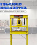Badass 20 Ton Hydraulic Shop Press Hella Sturdy H Frame Build With Slick Adjustable Work Table And Smooth Acting Ram For Tough Garage Automotive Fixes In Bright Yellow Paint displayed in workshop setting.