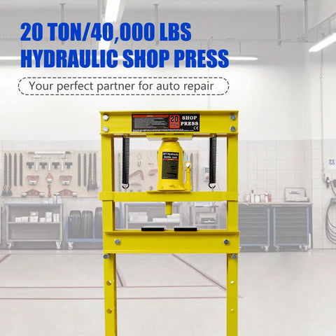 Badass 20 Ton Hydraulic Shop Press Hella Sturdy H Frame Build With Slick Adjustable Work Table And Smooth Acting Ram For Tough Garage Automotive Fixes In Bright Yellow Paint displayed in workshop setting.