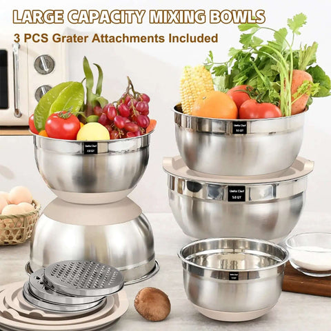 Eight Piece Khaki Stainless Steel Nesting Mixing Bowls With Airtight Lids And Three Grater Attachments For Slicing Grating And Shredding Non Slip Bottoms Great For Mixing And Serving In 5 Qt 4 Qt 3.5 Qt 2 Qt And 1.5 Qt shown with vegetables and grater plates.