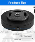 Motorized Rotating Display Stand 7.87 Inch Electric Spinning Turntable With Silent Operation showing size, controls, and USB-C port.