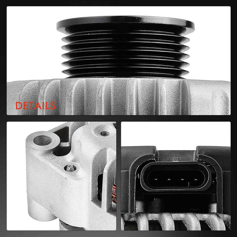 Close-up of Drop In Replacement 12V 105A Alternator For GM Trucks And SUVs Direct Fit With 6 Groove Pulley And 4 Pins Fits Chevrolet