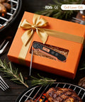 Gift box with digital meat thermometer for BBQ displayed in an orange box with ribbon, feature: easy temperature read.