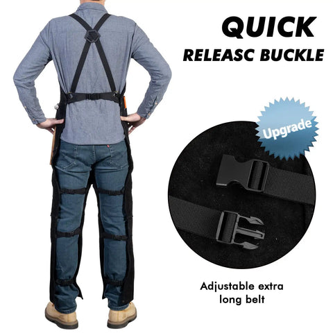 Pro Grade Heavy Duty Leather Welding Apron With Split Leg Design For Men And Women Cowhide Two Layer Fire Resistant Forge Apron Sparks Shield Heat Resistant Adjustable Straps Black featuring quick release buckle.