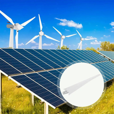 Three Blade Wind Turbine Replacement Kit With 3 Blades, 3 Hubs And 3 Blade Covers, 580mm rotor displayed in a solar farm setting