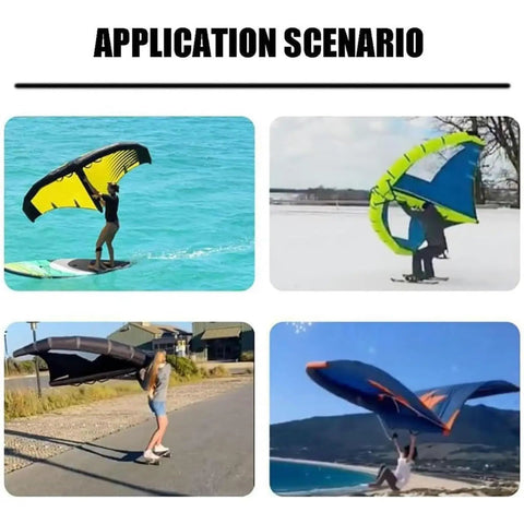 Four scenarios showing Inflatable Wing Foil Kite For Kitesurfing And Snow Surfing With Window Portable Windsurfing Sail in action