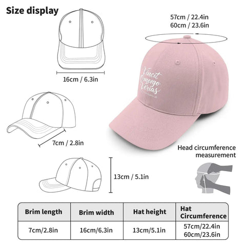 Omnia Vincit Pink Breathable Hat For Women With Adjustable Buckle shown with size dimensions and diagrams for accurate fit