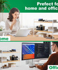 Slick Two Tier Desk Shelf Organizer With White Shelves And Wood Frames For Hassle Free Desktop Organization and Smart Vertical Storage to Keep Your Workspace Chill And Clutter Free Book Holder And Caddy in home and office settings.