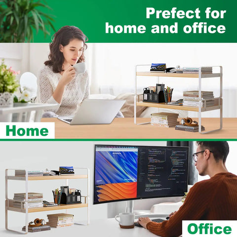 Slick Two Tier Desk Shelf Organizer With White Shelves And Wood Frames For Hassle Free Desktop Organization and Smart Vertical Storage to Keep Your Workspace Chill And Clutter Free Book Holder And Caddy in home and office settings.