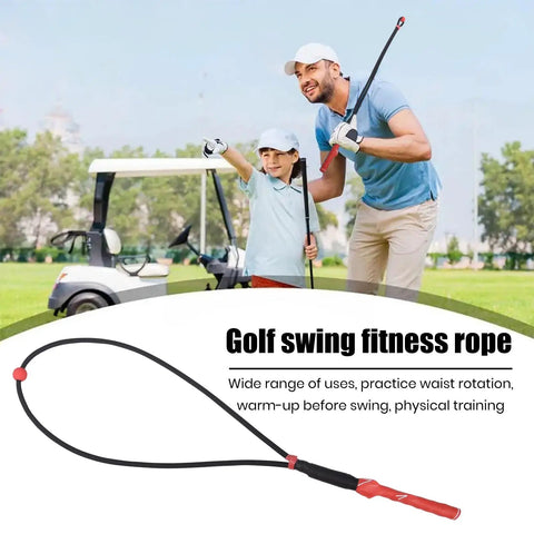 Father and son with Golf Swing Rope Trainer for Warm Up And Power Pro Level Practice Rope For Golfers Boost Swing Speed Tempo And Precision Includes Handy Storage Bag Red by golf cart