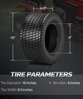 16x6.50 8 Lawn Mower Tires Set Of 2 4PR Turf Tubeless For Lawn And Garden Utility Vehicles Compatible With Most Mowers And Small UT Vs Turf Friendly Grip Pattern And Heavy Duty Traction. Tire parameters view, 16x6.50-8 tread on 8-inch rim