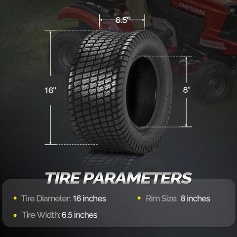 16x6.50 8 Lawn Mower Tires Set Of 2 4PR Turf Tubeless For Lawn And Garden Utility Vehicles Compatible With Most Mowers And Small UT Vs Turf Friendly Grip Pattern And Heavy Duty Traction. Tire parameters view, 16x6.50-8 tread on 8-inch rim