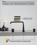 Matte Black Deck Mount Bathtub Faucet with waterfall flow, three-hole setup, brass construction, ceramic cartridge.