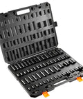 Rock Solid 59 Piece Impact Socket Set With 6 Point Deep Drive Bits And Heavy Duty Ratchet Tool Kit For Tough Jobs And Garage Grunge Work, black case open