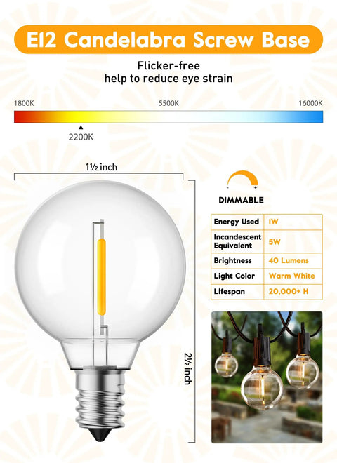 Infographic of G40 LED replacement bulb with E12 candelabra base, warm white, dimmable, 1.5 inch diameter, 1W, 25 pack.