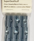 Bulk Pack Of 12 M6 Cross Dowels Barrel Nuts With P1.0 Threads, 20mm Length And 10mm Diameter, Center Hole, Zinc Plated Steel