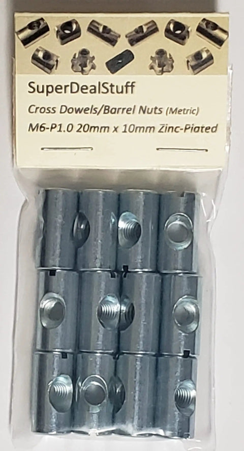 Bulk Pack Of 12 M6 Cross Dowels Barrel Nuts With P1.0 Threads, 20mm Length And 10mm Diameter, Center Hole, Zinc Plated Steel