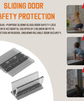 Two Pack Sliding Door Lock For Child Safety On Sliding Glass Doors And Windows With Extra Strong Adhesive And Easy No Tools Required For Peace Of Mind Heavy Duty Security, shown in use on windows and doors