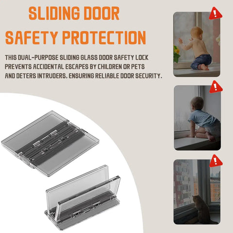 Two Pack Sliding Door Lock For Child Safety On Sliding Glass Doors And Windows With Extra Strong Adhesive And Easy No Tools Required For Peace Of Mind Heavy Duty Security, shown in use on windows and doors