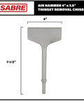 Heavy Duty 4 Inch By 7.5 Inch Air Hammer Chisel Bit For Thinset Removal And Tile Removal Pneumatic Masonry Scraping Tool With 0.401 Shank Works With Ingersoll Rand Astro Sunex And More, image shows metal chisel with measurements.