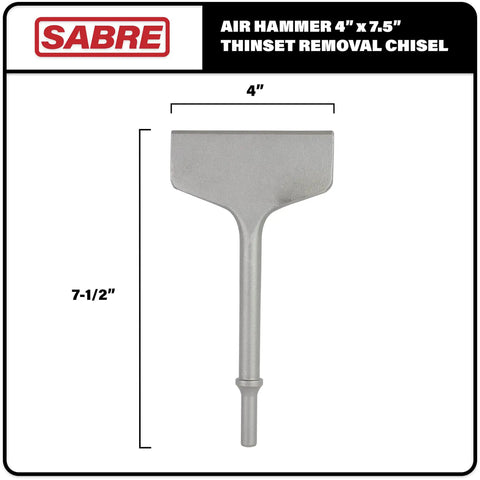 Heavy Duty 4 Inch By 7.5 Inch Air Hammer Chisel Bit For Thinset Removal And Tile Removal Pneumatic Masonry Scraping Tool With 0.401 Shank Works With Ingersoll Rand Astro Sunex And More, image shows metal chisel with measurements.