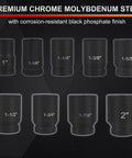 1 Inch Drive Deep Impact Socket Set With 9 Piece CrMo 6 Point Sockets From 1 Inch To 2 Inch SAE displayed with sizes labeled