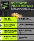 Comparison chart showing benefits of PakChef inner tube over standard tube with visual elements and product box display
