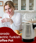 Portable Electric Turkish Coffee Pot With Foldable Stainless Steel Design Makes Up To Five Cups Ideal For Arabic Turkish Coffee Travel Friendly showing steam.