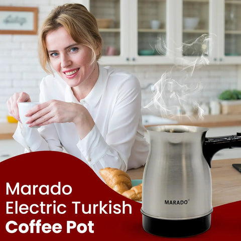 Portable Electric Turkish Coffee Pot With Foldable Stainless Steel Design Makes Up To Five Cups Ideal For Arabic Turkish Coffee Travel Friendly showing steam.