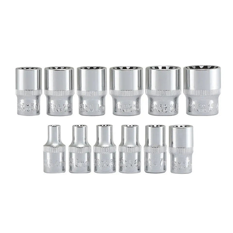 Hella Durable 12 Piece Octa Metric Socket Set Quarter Inch Drive Chrome Vanadium Multi Fit Wrench Kit displayed in a row.