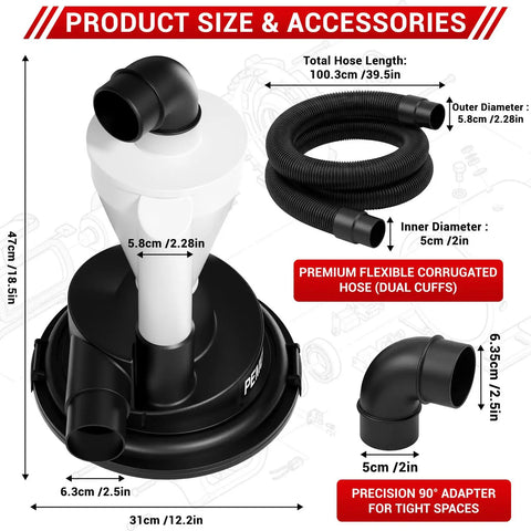 Image of Dual Cyclone Dust Separator for Shop Vac with 1m hose and specifications, shown with adapters for woodworking cleanup.