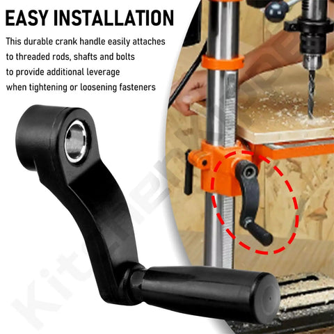 Top Shelf Drill Press Crank Handle Replacement For Nine Sixteenths Inch Drive Shaft Six Inch Turning Radius Three Sixty Degree Free Swivel Feed Knob attached to drill press for easy installation.