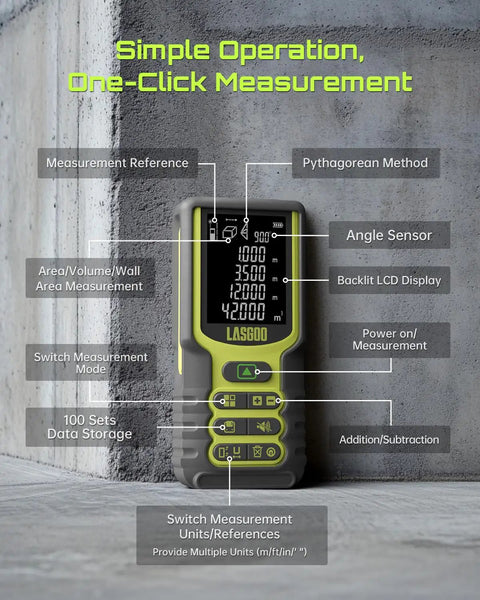 High Range Laser Distance Meter 100m With Angle Sensor And Backlit LCD Display, Measures Length, Area, Volume, And Pythagorean, Ft In M Unit Switching, Battery Included, Sleek Durable Handheld Tool For Pros And DIY Projects. handheld laser meter with backlit LCD and angle sensor