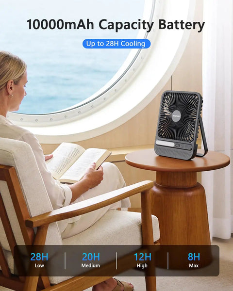 Woman reading near 7 Inch Portable Desk Fan With 10000mAh Battery USB Rechargeable LED Light Display And Timer 4 Speed Settings.