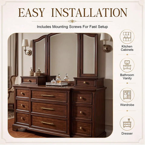 Heavy Duty Antique Brass Cabinet Hardware 20 Pack Sweet Vintage Looks Tough As Nails Brushed Drawer Pulls And Knobs on wooden dresser.