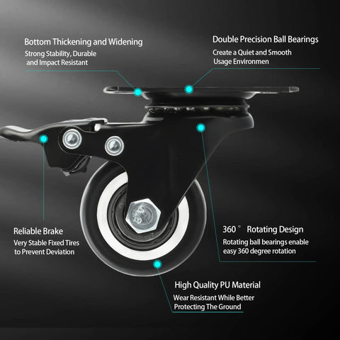 Close-up view of 1.5 Inch Swivel Caster Wheel Set Of 4 With Brakes For Furniture, showcasing steel core, rubber caster, and lock mechanism.
